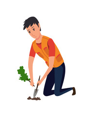 Fototapeta premium Professional gardener with shovel digging hole in garden. Man buries seedling in ground for planting trees. Professional gardener worker applies fertilizer to pit. Worker in uniform