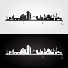 Iraq skyline and landmarks silhouette, black and white design, vector illustration.