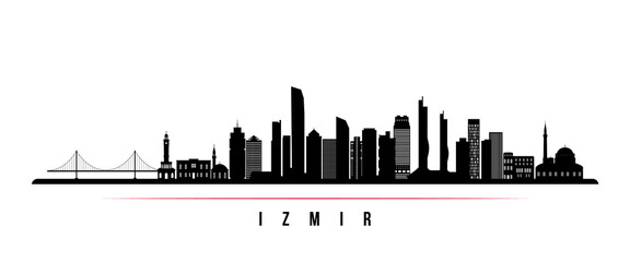 Naklejka premium Izmir skyline horizontal banner. Black and white silhouette of Izmir, Turkey. Vector template for your design.