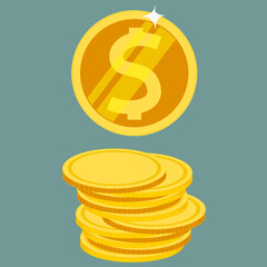 Golden coins. Stack of coins and separate dollar coin