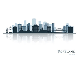 Portland skyline silhouette with reflection. Landscape Portland, Oregon. Vector illustration.