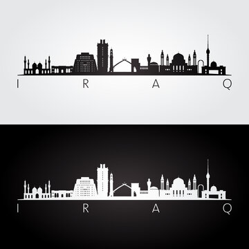 Iraq skyline and landmarks silhouette, black and white design, vector illustration.