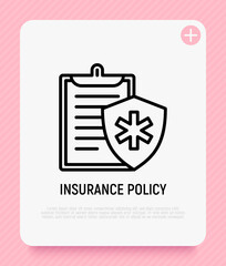 Fototapeta premium Insurance policy thin line icon: document with sign of health protection. Modern vector illustration.