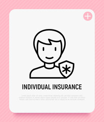 Individual medical insurance thin line icon. Man with medical shield. Modern vector illustration.