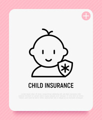 Child medical insurance thin line icon: baby with medical shield. Modern vector illustration.