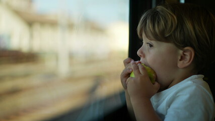 Little boy eating apple snack while riding train looking out window
