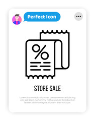 Store sale: shop receipt with percentage sign. Thin line icon. Modern vector illustration.