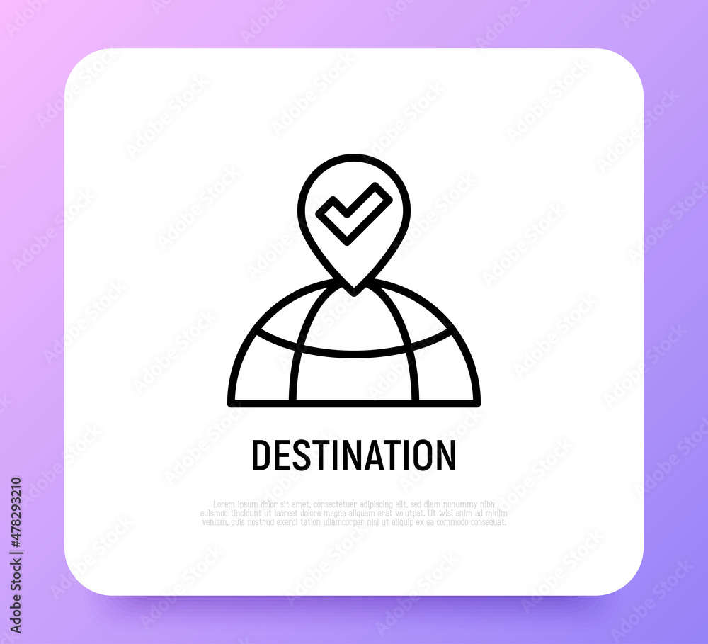 Sticker destination thin line icon: pointer on the globe. modern vector illustration.