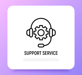 Support service: headset with wheel thin line icon. Call center, client assistance, operator. Modern vector illustration.