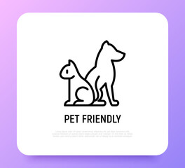 Pet friendly symbol: cat and dog silhouettes thin line icon. Modern vector illustration for pet shop, logo for vet clinic.
