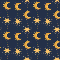 Fototapeta premium Illustration of a seamless pattern from the moon and stars. Simple cute style. Vertical direction. Astronomical, mystical, astrological themes.
