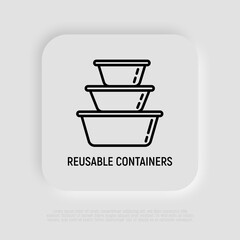 Reusable lunch containers thin line icons. Zero waste. Modern vector illustration.