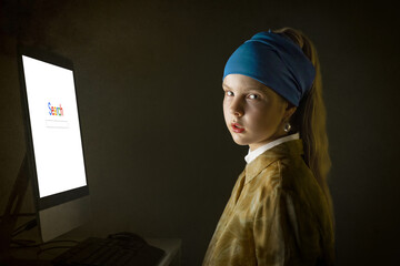 Girl with a pearl earring sitting by the computer screen