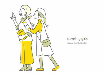 Fototapeta premium 旅行を楽しむふたりの女性 シンプルでお洒落な線画イラスト