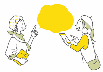 旅行を楽しむふたりの女性　スマホ　シンプルでお洒落な線画イラスト