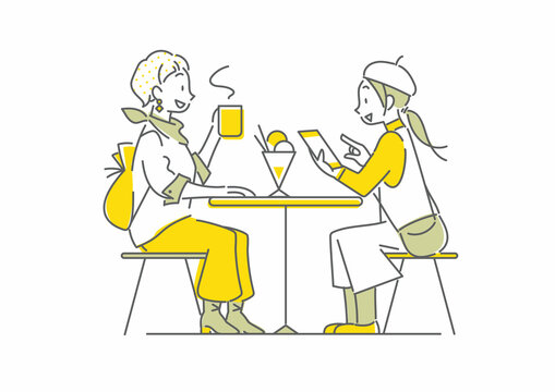 旅行を楽しむふたりの女性　カフェでおしゃべり　シンプルでお洒落な線画イラスト