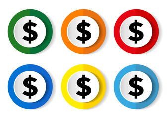 Dollar icons set on white background, vector illustration in 6 colors options for webdesign and mobile applications