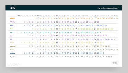Modern 2022 сalendar design. 2022, 2023. Editable calendar page template A4, A3. Vertical. Simple monthly vertical photo calendar Layout for the 2022 year in English. Set of 12 months.