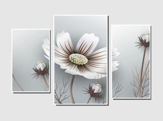 Cosmos flower (other name Mexican aster) triptych modular paintings on a gray background. Vector illustration for interior design, other. 