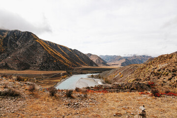 Mountain river surrounded by high rocks in Altai