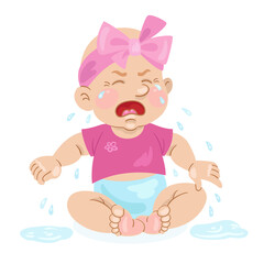Cute little baby girl is crying. In cartoon style. Isolated on white background. Vector illustration