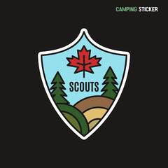 Camping adventure sticker design. Travel hand drawn patch. Scouts label isolated. Stock