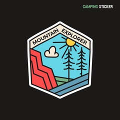 Camping adventure sticker design. Travel hand drawn patch. Mountain explorer label isolated. Stock