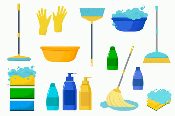 Cleaning equipment. Cleaning supplies tools accessories set: mops, tools, brushes, basins, gloves, sponges. Household supplies, cleaning up debris and dust, cleaning floors. Mopping and cleanup.