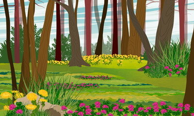 Glade with dandelion and clover flowers in the forest. Realistic vector landscape
