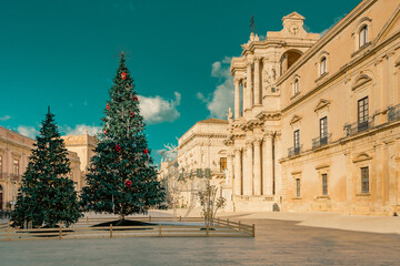Christmas tree at Piazza Duomo in Siracusa, Sicily 