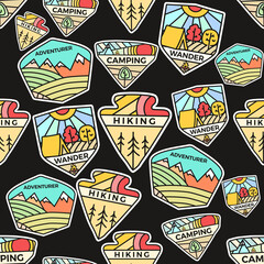 Camping adventure badges pattern. Outdoor hiking seamless background with tent, mountains, cabin life scene. Stock texture