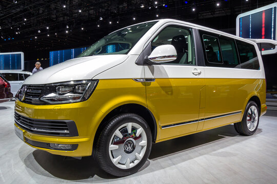 Geneva, Switzerland, March 06, 2018: Metallic yellow white Volkswagen VW Multivan at Geneva International Motor Show.