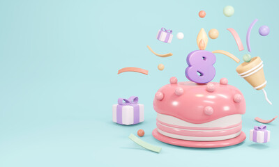 3D Rendering of pastel birthday cake party with candle number 8 with copy space on blue background. 3D Render illustration.