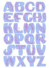 English alphabet in purple with pink floral pattern. Poster of letters in color. Element in the nursery.