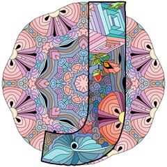 Letter J monogram on mandala, engraving design. Vector illustration.