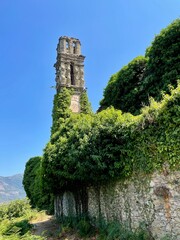 Fototapeta premium Ruins of church of old Franciscan monastery Orezza, convent d'orezza, in Piedicroce, Castagniccia, Corsica. Vertical.
