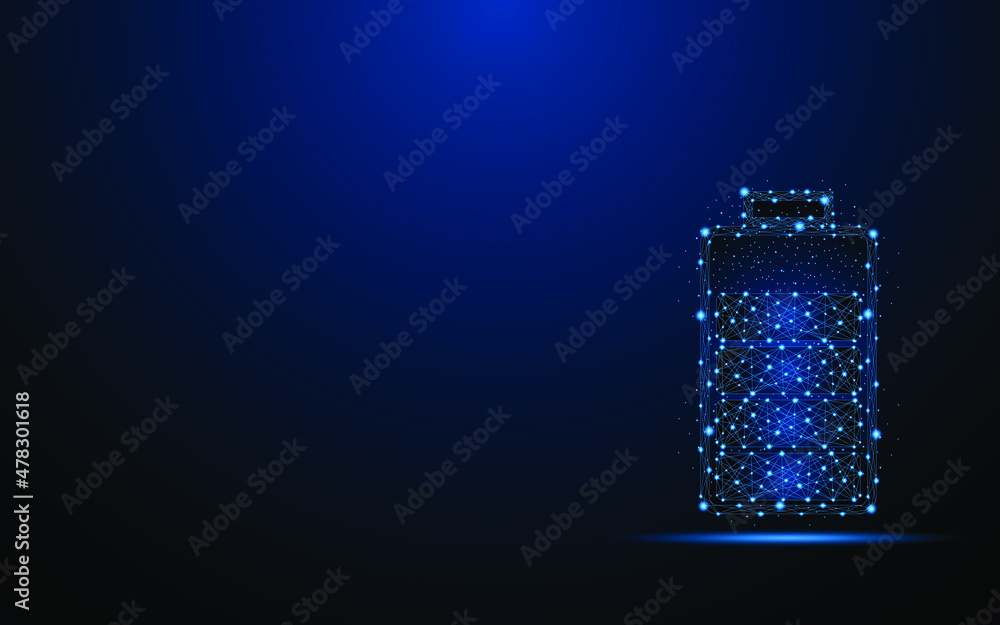 Poster Abstract battery charging on dark blue background. Digital low poly wireframe style design with connection points. vector illustration

