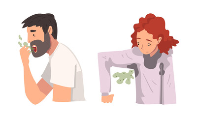 Man and Woman Breathing to the Hand Feeling Bad Smell from Their Mouth and Armpit Vector Set