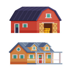 Red Barn or Granary for Crop Storage and Rustic House with Porch Vector Set