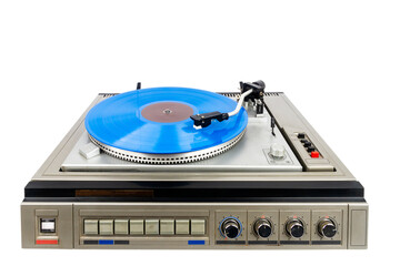 Vintage turntable record player with blue vinyl