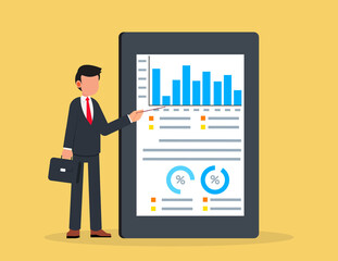 Fototapeta premium Businessman presenting and explaining tablet screen statistics charts diagrams. Business mentor, coach on seminar, annual report
