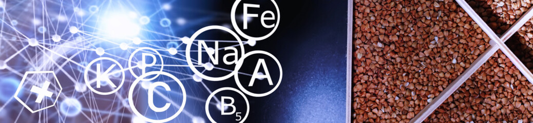 A set of grain cereals. Rice, buckwheat and millet groats in a wooden tray. A grocery set of cereals. Import of grain.