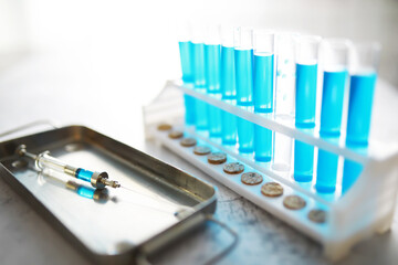 Vaccine vial search concept on table. Close up Vaccine flaskl for prevention,immunization and treatment.