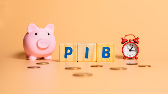 PIB - Produto Interno Bruto. A palavra PIB ( GDP ) escrita em Portugu&ecirc;s do Brasil em cubos de madeira. Um rel&oacute;gio despertador, um cofrinho e moedas na composi&ccedil;&atilde;o da imagem. Economia brasileira.