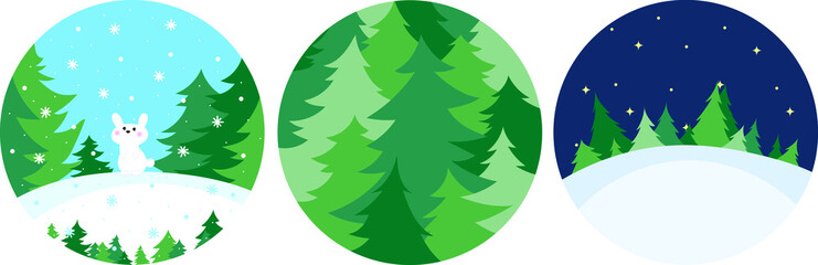 Obraz premium Vector round illustration set. Winter forest. Round card set. Snowfall in the forest. Winter night in the forest.