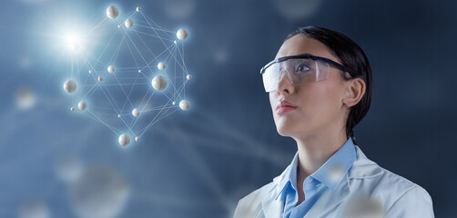 Female chemist in lab goggles contemplating a molecular structure hologram 3d illustration....