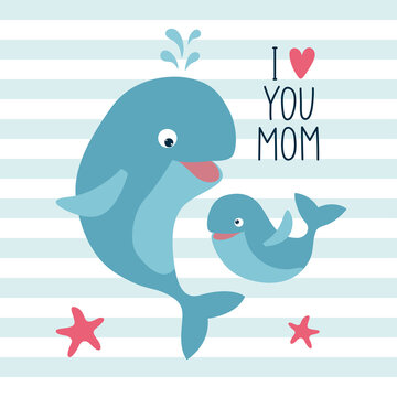 Mother's Day greeting card. Template greeting card with cute whales. 