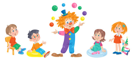 Children watch the performance of a funny clown. In cartoon style. Isolated on white background. Vector illustration.