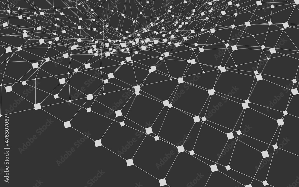Poster abstract pattern of shapes and lines on a gray background. decentralization and blockchain. renderin