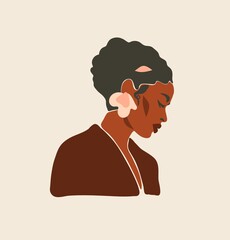 Hand drawn vector abstract stock flat graphic contemporary line art,aesthetic fashion illustration with bohemian,beautiful modern female portrait in simple trendy style isolated on pastel background.